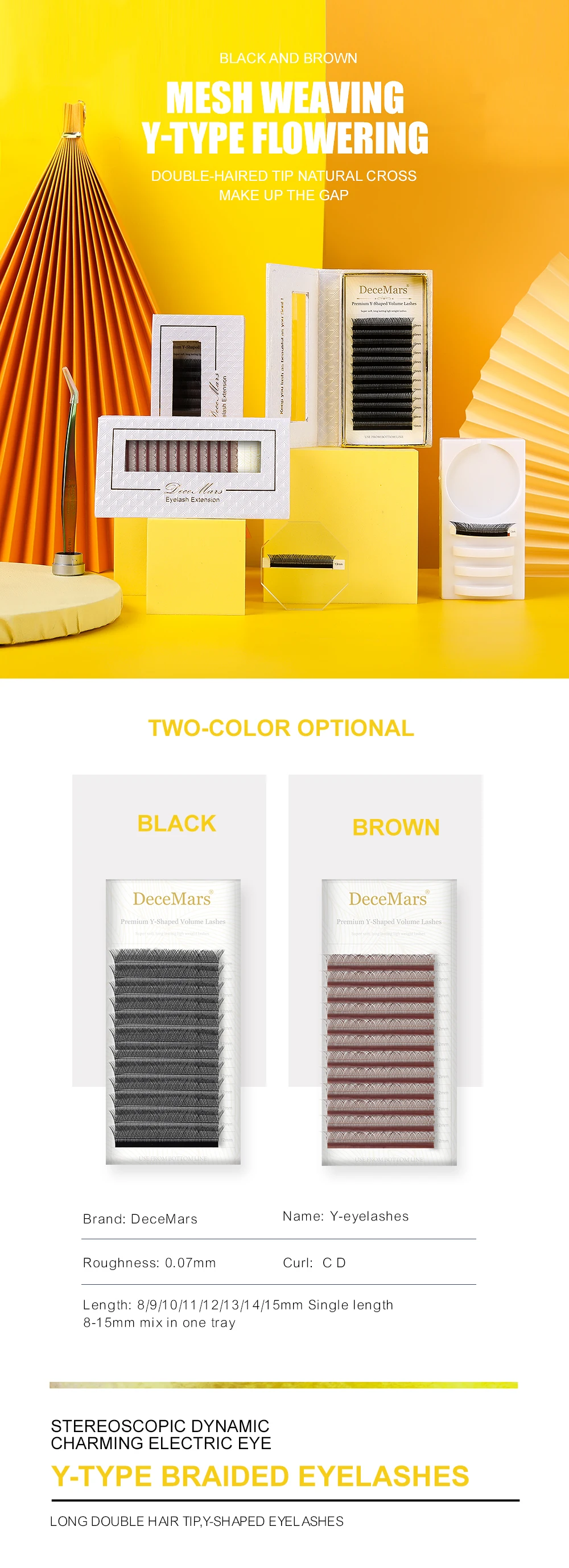 DeceMars YY Shape Black Brown Eyelashes Extensions Two Tip Lashes C/D Curl High Quality Idividual