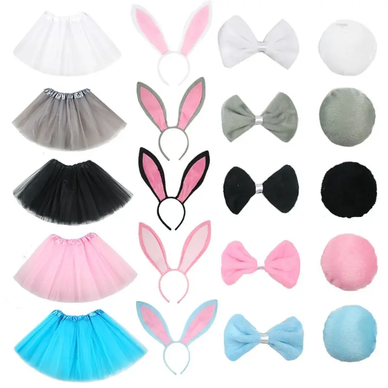 4Pcs Kids Rabbit Cosplay Costume Set Layered Tulle Tutu Skirt Fancy Dress Up Bunny Ears Headband Bow Ties Tail Easter Outfits