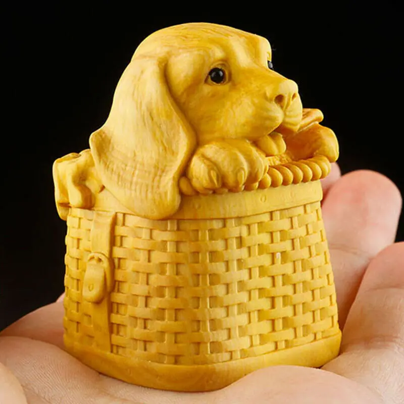 JM036 -- 6 x 4.5 x 4 CM Carved Boxwood Figurine Carving : Lovely Dog on Basket