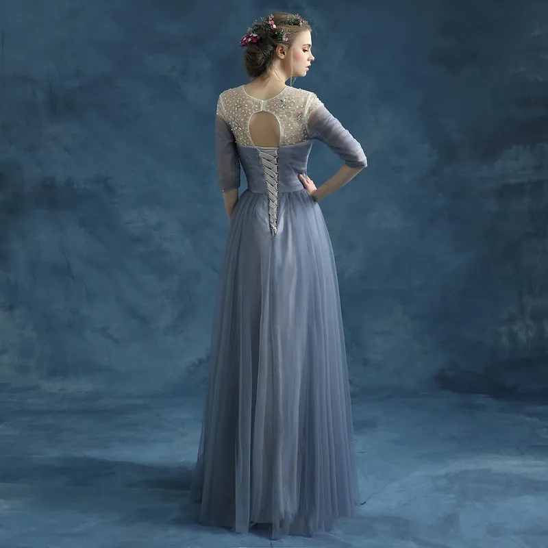 Elegante vestido De noche árabe De Dubái, ropa Formal con cuello transparente y Espalda descubierta, para baile De graduación, color gris y azul, Soriee LCNM006