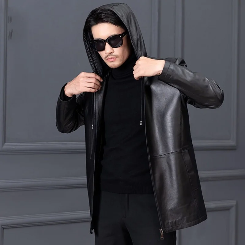 Quality High Mens Natural Sheepskin Jackets Short Loose Hooded Zippers Pockets O-Neck Male Casual Black Genuine Leather Coat