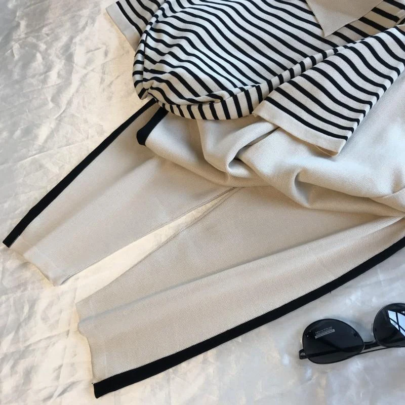 Fashion Stripe Patchwork Knitted Two Peice Set Women Turn-Down Collar Short Sleeve T-shirt+Calf-Length Pants Casual Tracksuits