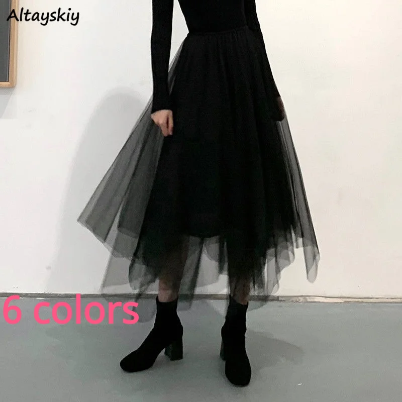 6 Colors Skirts Women Ball Gown Mesh Elegant Hot Sale Irregular Hem Chic Slim Korean Style Female Bottom Faldas Mujer Popular