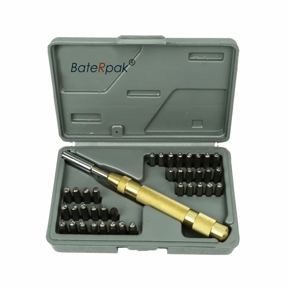 

BateRpak DIY STAMP PUNCH SET,Manual stroke punch stamps tools,size 2mm/3mm/4mm,A-Z 26pcs+numbers 8pcs+3pcs Pattern,1pcs holder