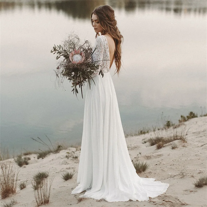 Beach Wedding Dress Long Sleeve Boho V Neck Backless Bridal Dresses 2020 Chiffon Princess Lace Chiffon Wedding Gown novia