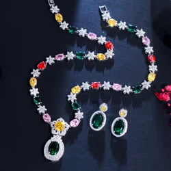 CWWZircons Elegant Engagement Wedding Jewellery Shiny Colorful Flower CZ Bridal Jewelry Set for Women Necklace and Earrings T570