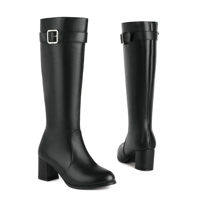 Black White Women Knee High Boots Comfortable Square High Heel Round Toe Ladies Calf Boots PU Leather Side Zipper Women\'s Boots