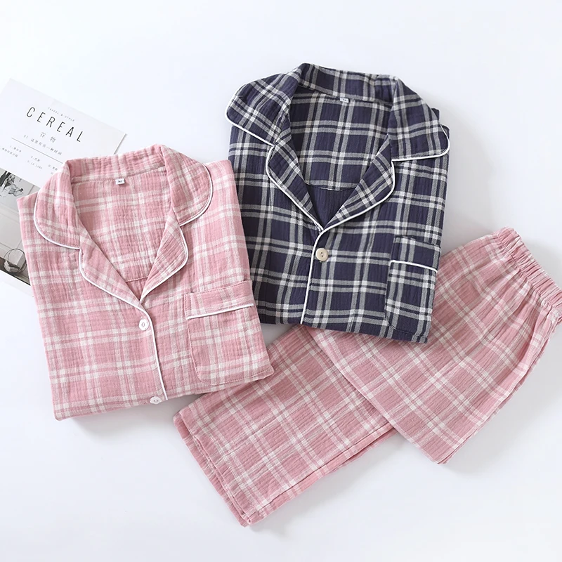 

Women & Men Japanese Style Long Sleeve Plaid Pajamas Set Soft Comfortable Gauze Crepe Cotton Couples Pajama Home Loungewear