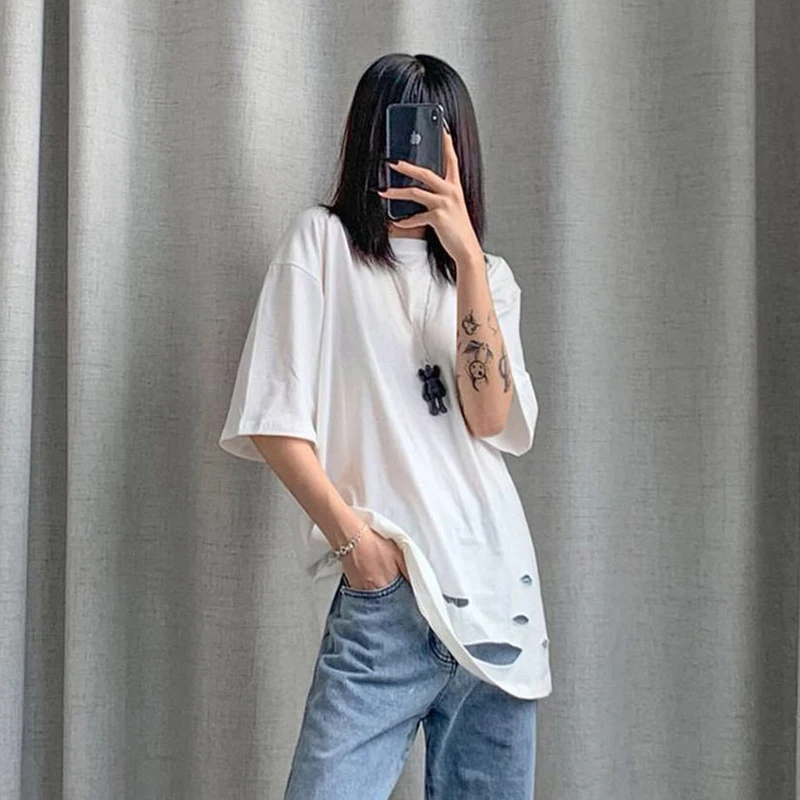 Cotton Hem Ripped Hole Short Sleeve Women T Shirt Cool Stuff Summer Hip Hop Oversized Punk Harajuku Streetwear Clothes Top White