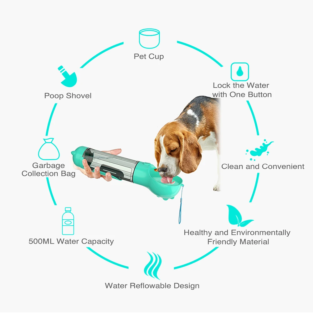 Pet Dog Water Bottle Feeder 500ml Portable Bowl For Dogs Poop Shove Drinking Dispenser For Puppies Pet Dog Accessories Supplies