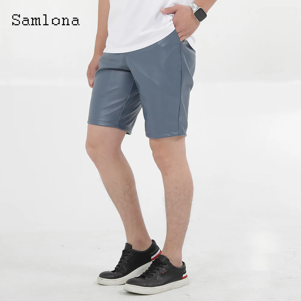 Samlona Plus Size Men\'s Faxu Pu Leather Shorts Blue Red Comfy Short Pants 2024 Summer New Sexy Fashion Stand Pocket Shorts Homme