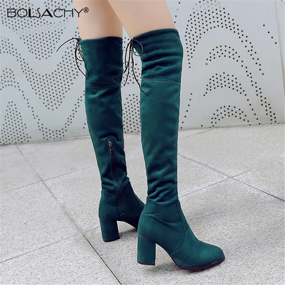 

2023 Winter Over The Knee Women Boots Stretch Fabrics High Heel Side Zip Shoes Pointed Toe Woman Long Boots 32-43 Green Black