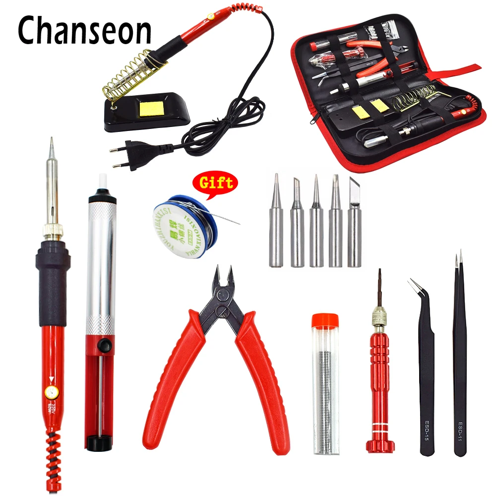 Chanseon New EU/US 60W Adjustable Temperature Electrical Soldering Iron Kit Welding Repair Hand Tool Set with Welding Tools