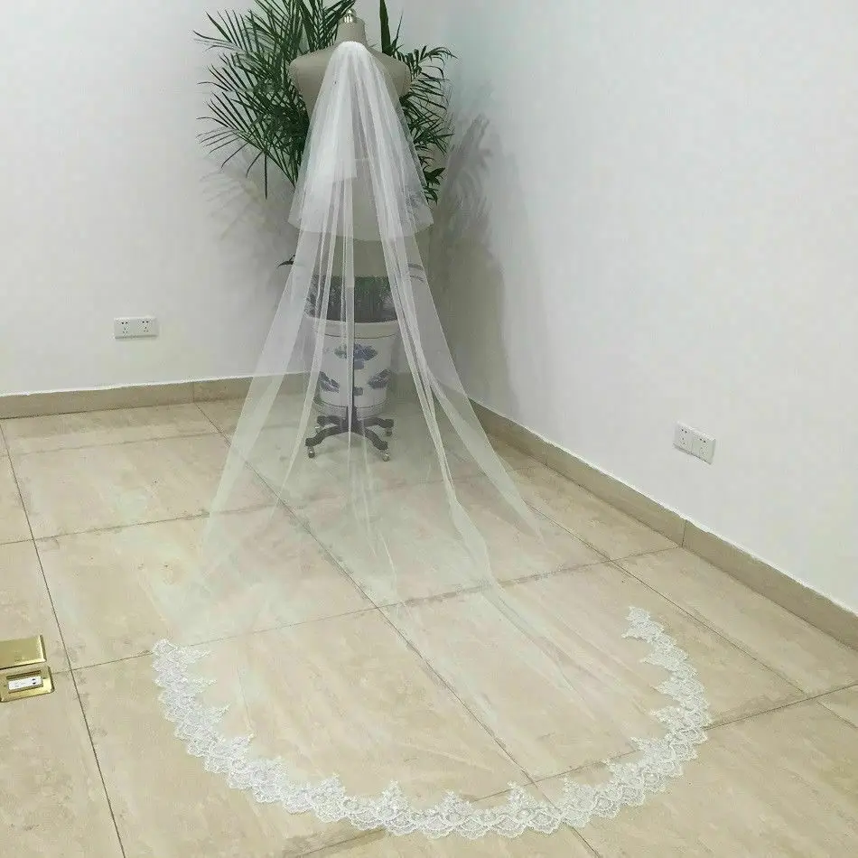 Nieuwe Handgemaakte Blusher Sluier 3 Meter 2 Tier Kant Kathedraal Lengte Bruiloft Sluier Met Metalen Kam Pailletten Bridal Veils