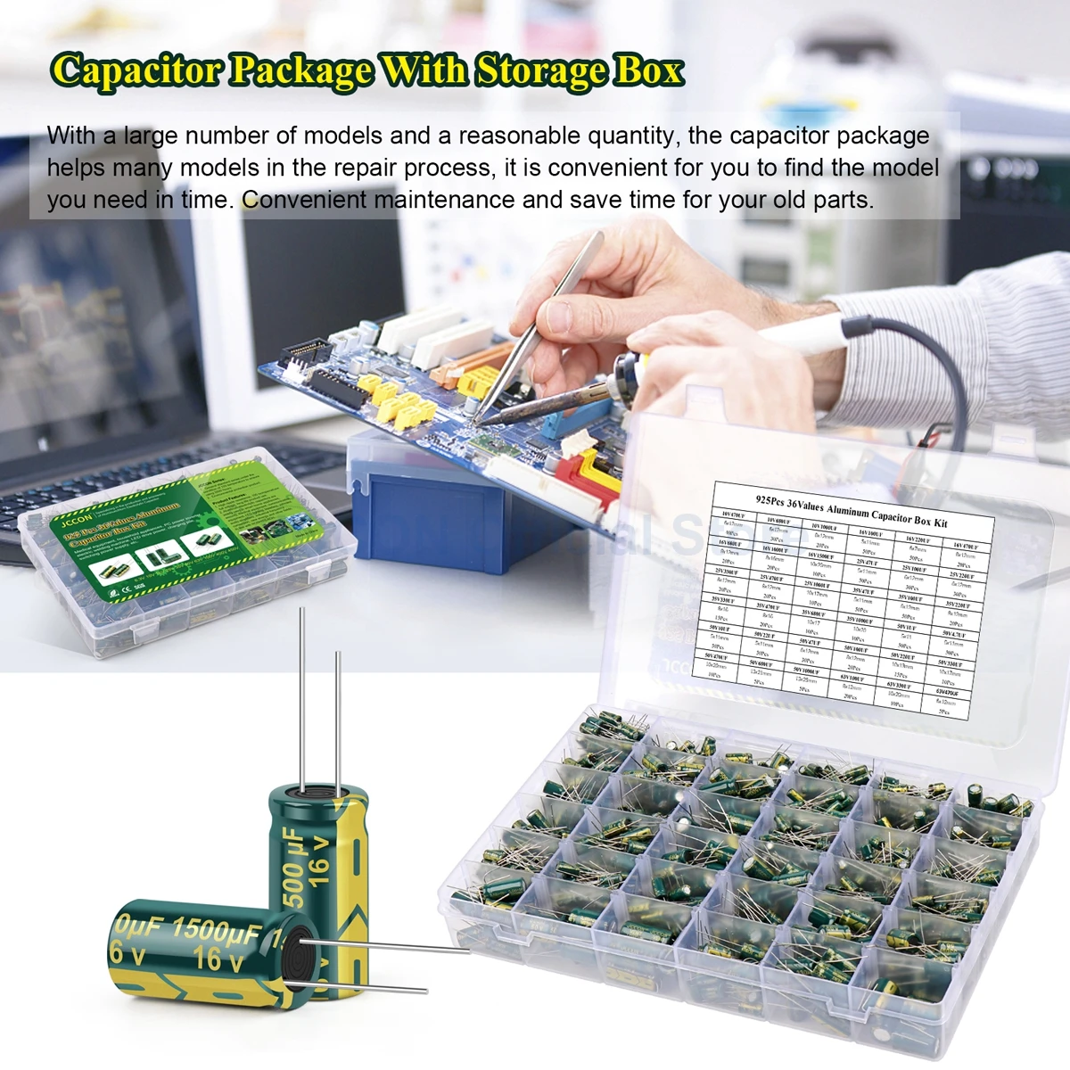 Jccon 925Pcs 36 Waarden Aluminium Elektrolytische Condensator Assortiment Kit Lage Esr 1Uf 4.7Uf 10Uf 22Uf 47Uf 100Uf 220Uf 330Uf 470Uf