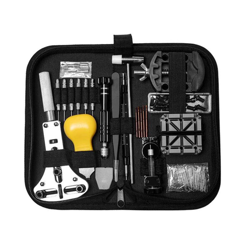 153 pz/set Kit di riparazione dell'orologio, Kit di strumenti di sostituzione della batteria/Kit di rimozione del collegamento, Set di strumenti per barra a molla con custodia professionale