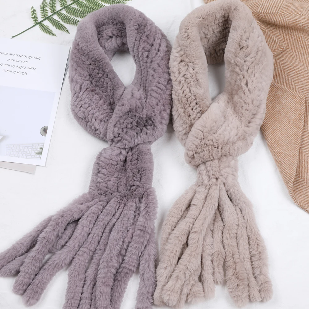 New Winter Women\'s Genuine Real Rex Rabbit Fur Hand Knitted Scarf Scarfs Cowl Ring Scarves Wraps Snood Street Fashion Tassel