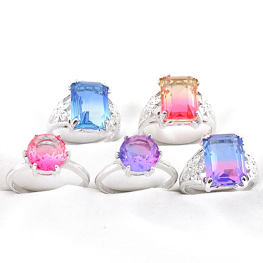 MIX 5 Pieces Holiday Gifts Big Offer Square Round Rainbow Bi-Colored Tourmaline Gemstone Silver Rings Mix Size 7 8 9