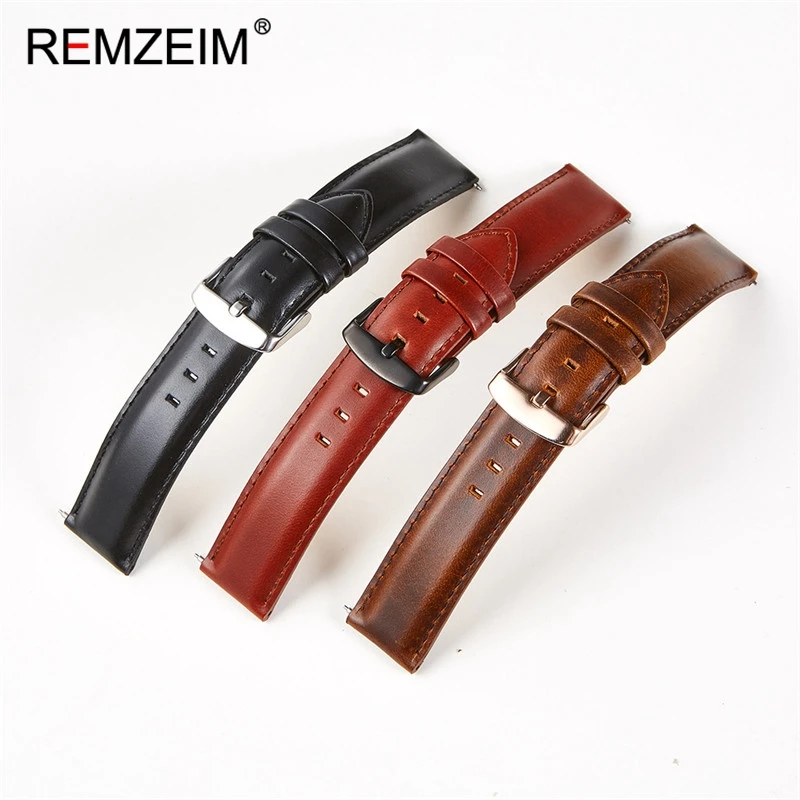 REMZEIM Leather Watch Bands Red Brown Black Handmade Replacement Strap For Men Women Size 18mm 20mm 22mm Quick Release