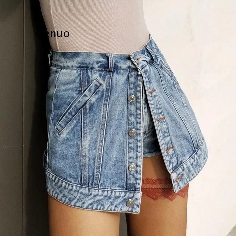 Patchwork Denim Shorts for Female High Waist Slimming Loose Casual Women's Denim Shorts Fashion Streetwear Tide