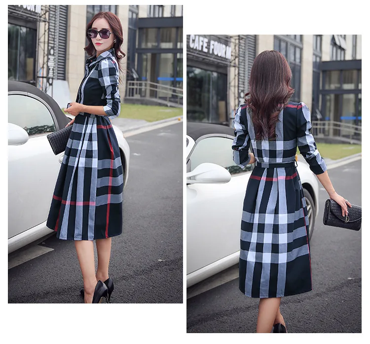 Women\'s Autumn New A- line Large Hem Plaid Printed Long-Sleeved Dress (Send Belt)