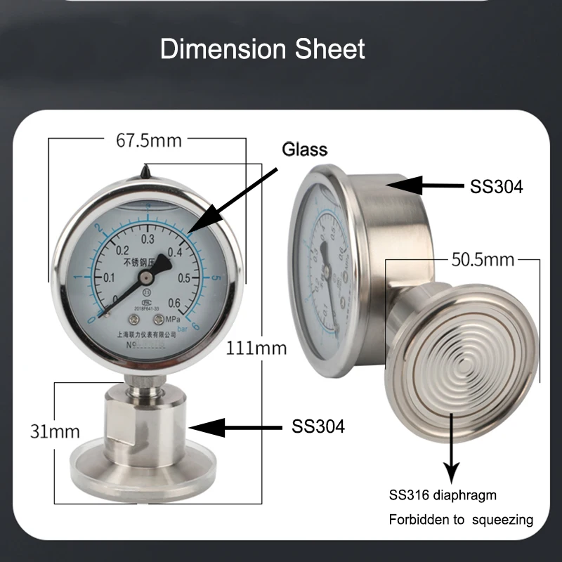 SS316 Diaphragm Pressure Gauge, Manometer Tri Clamp Body, Stainless Steel Body