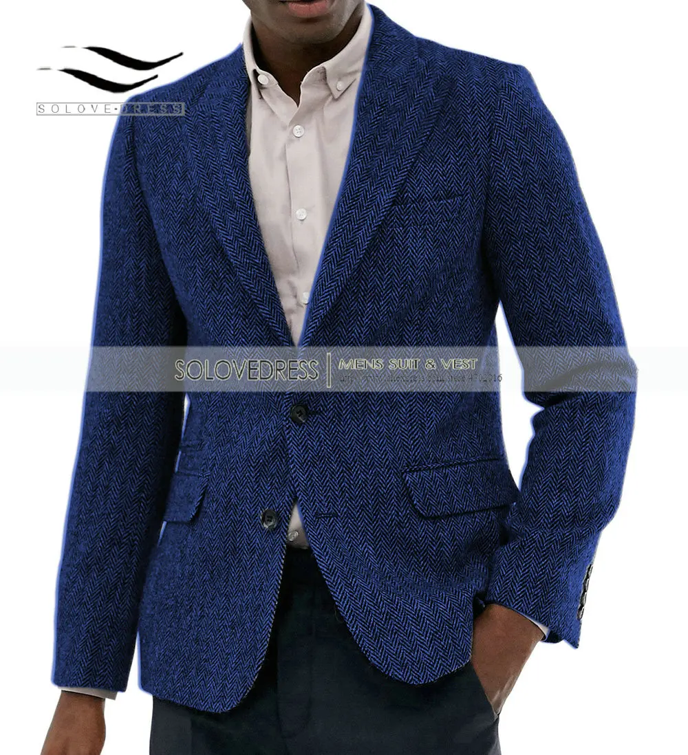 Men's Herringbone Jacket 1 Pieces Formal Lapel Notch Tweed Wool Tuxedos Blazer Slim Fit Winter Coat Wedding Groomsmen