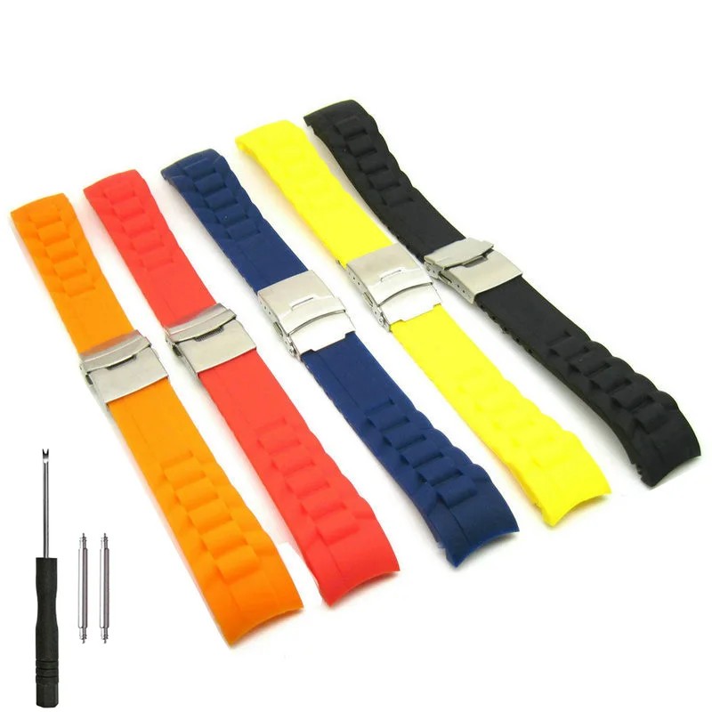 18mm 20mm 22mm 24mm Deployment Clasp Silicone Rubber Watch Band Curved End Soft Strap Black White Red Orange Yellow Blue