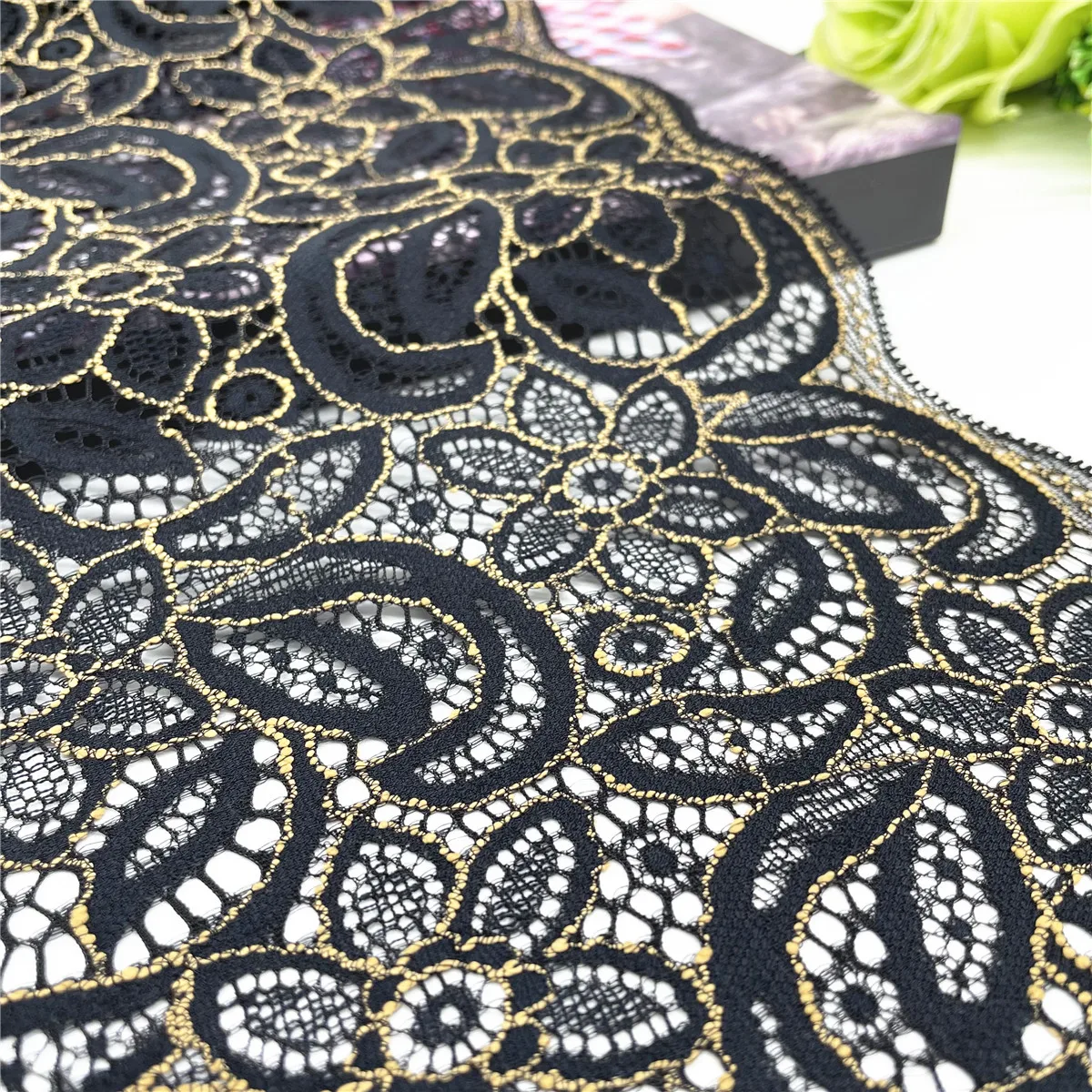 3M/lot Width 7 1/2 inch 19cm Black Yellow Elastic Stretch Lace Trim For Clothing Accessories Dress Sewing Applique Lace Fabric