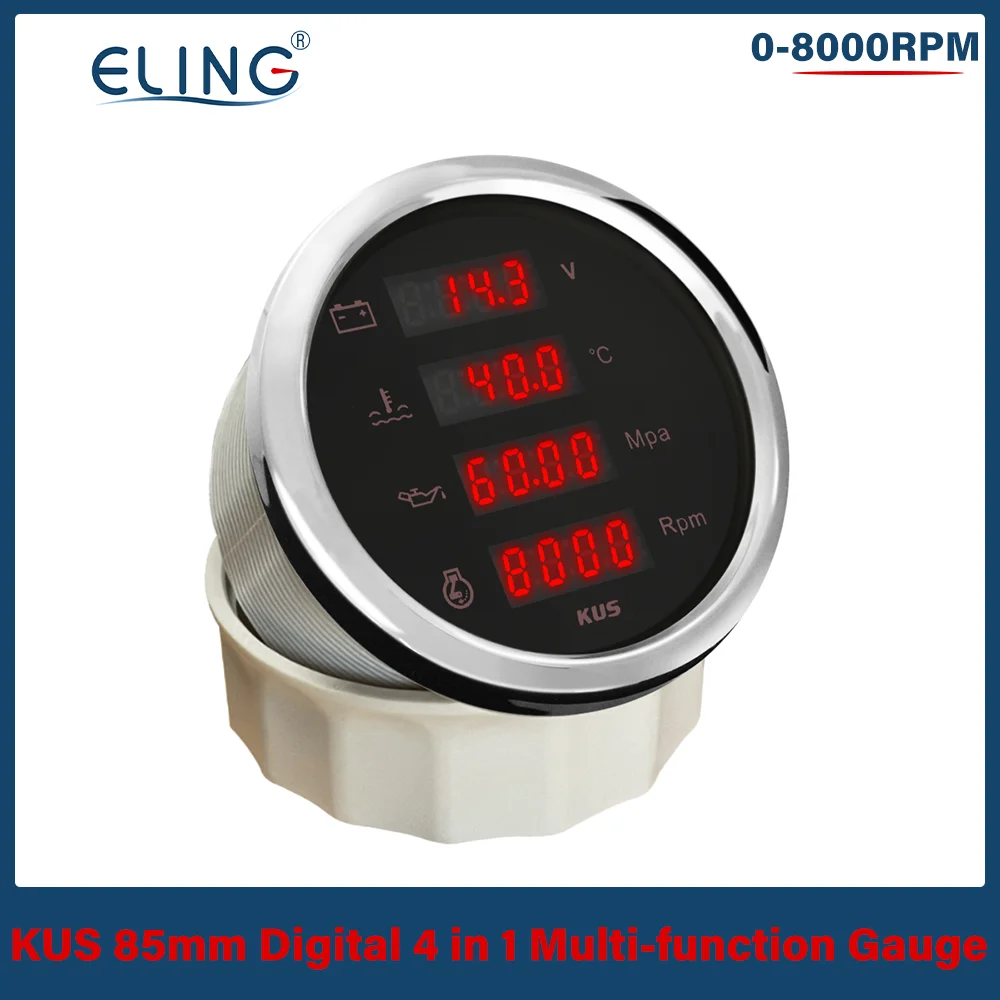 

KUS 85mm Digital Tachometer 8000RPM Water Temp 25-120℃ Oil Pressure 0-1Mpa Voltmeter Multi-function Gauge Red Backlight 9-32V