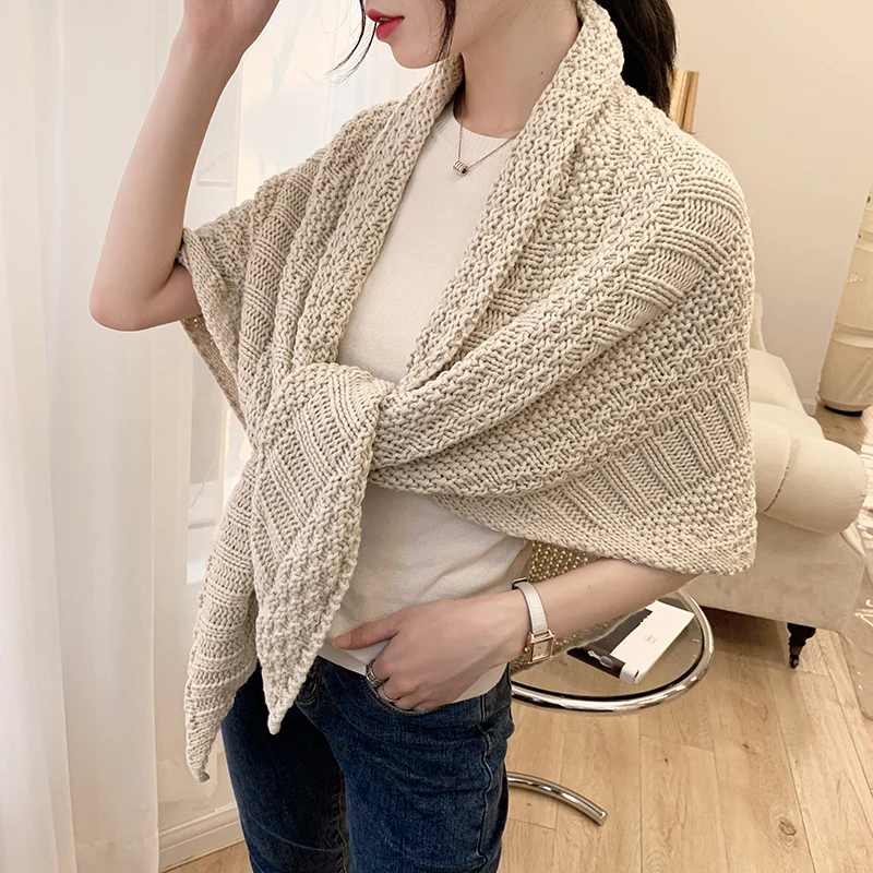 Women's Korean-Style Knitted Wool Triangular Binder Scarf Winter Thicken Thermal Shawl Autumn Outerwear Dual-Use Scarf Detacha