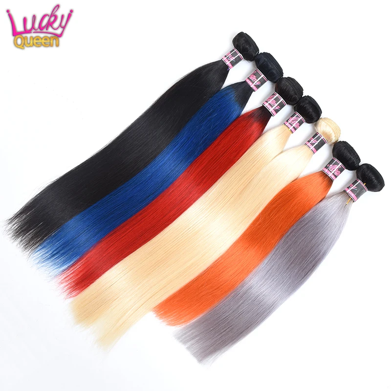 Red/Blue/Grey/Orange/613 Blonde Color Peruvian Straight Remy Hair Extensions Lucky Queen Human Hair Bundles 10-30 Inches