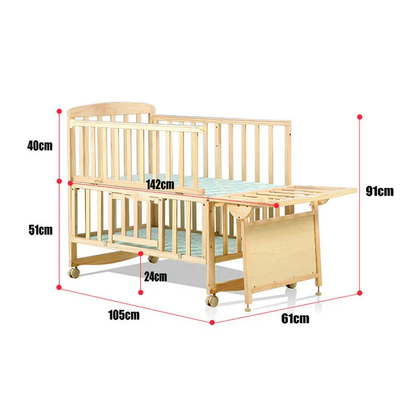 Beedome Pine Baby Crib With Shelf, Can Extend To 1.4Meter Kids Bed, Rocking Cradle Have 4 Wheels