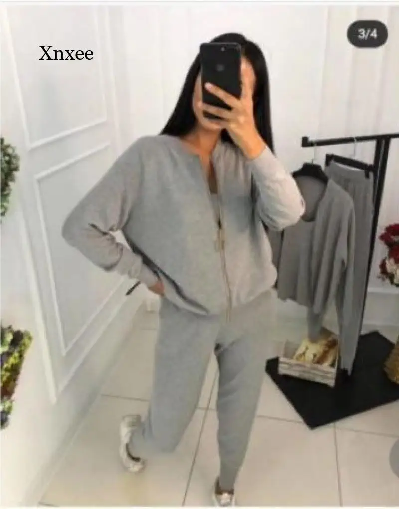 Autumn Knitted Women's Solid Color Sexy Vest Long-Sleeved Zipper Cardigan Stretch Waist Pants 3-Piece Sportswear Suit