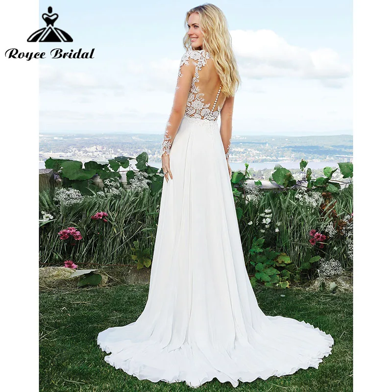 A Line فستان زفاف الشاطئ مع أزرار الظهر كم طويل رقبة V دانتيل زينة شيفون بدون ظهر سويب تراين Roycebridal 2022