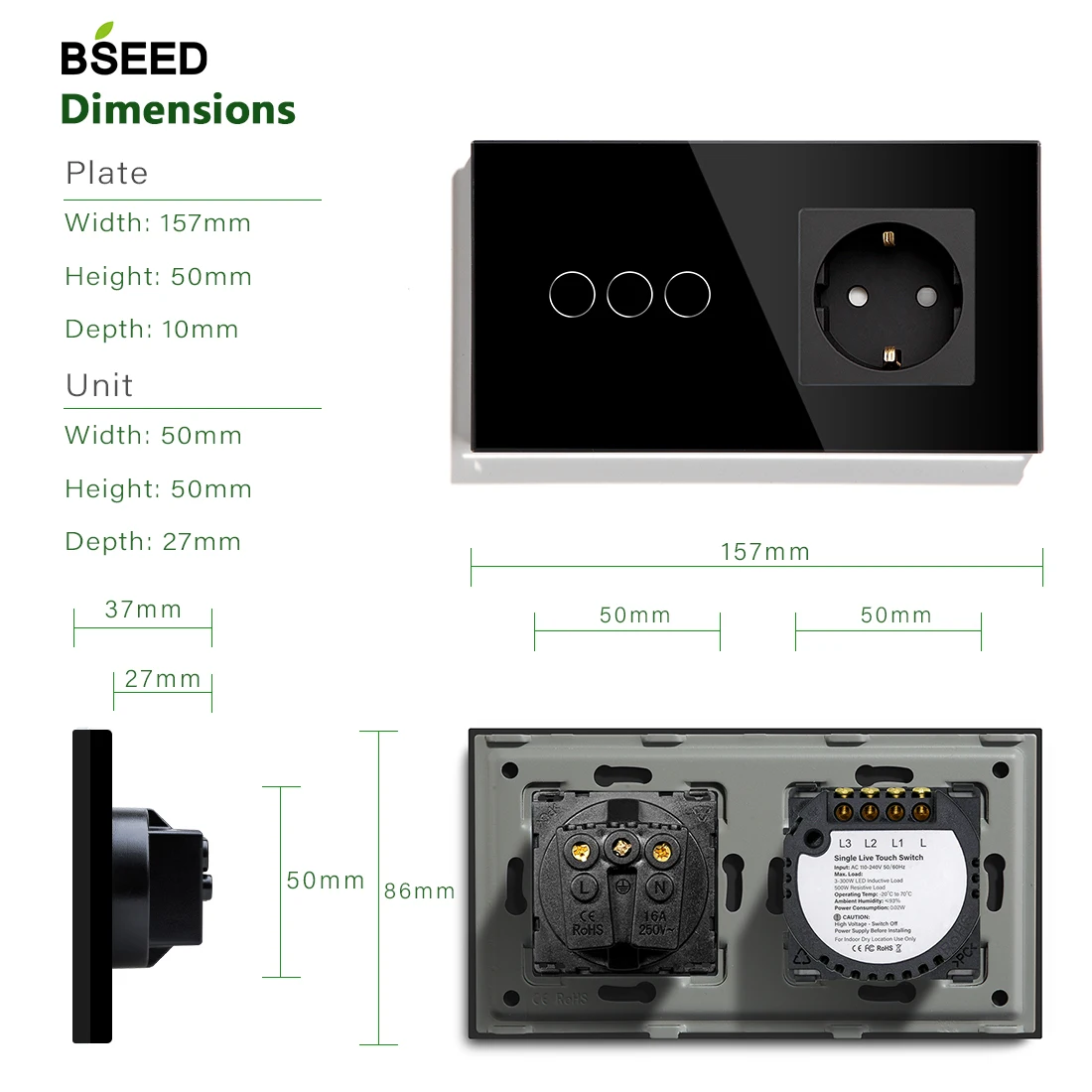 BSEED-EU Tomada de parede padrão com painel de cristal, Touch Switch, 1Gang, 2Gang, 3Gang, 300W, 157mm