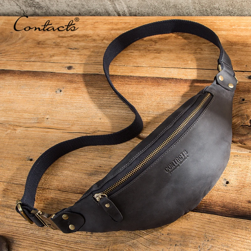 CONTACT'S 100% Crazy Horse Lederen Heuptasjes Reizen Fanny Pack Voor Mannen Lederen Heuptas Mannelijke Heuptas Multifunctionele Borsttas