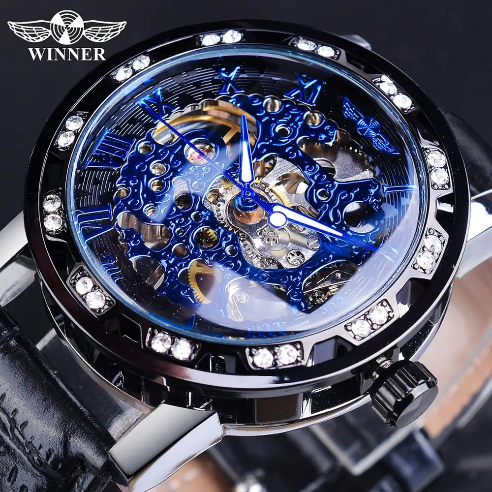 Winner Steampunk Diamond Luxury Display Luminous Hands Blue Dial Mens Mechanical Skelton Wrist Watch Top Brand Luxury Male Clock