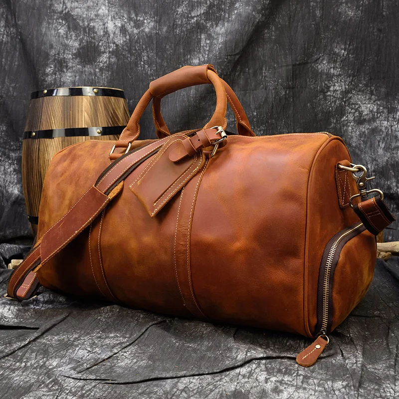 

Men Travel Bag Vintage Crazy Horse Genuine Leather 18 inch Big Travel Duffel Cow Leather Boston Business Luggage Weekend Bag