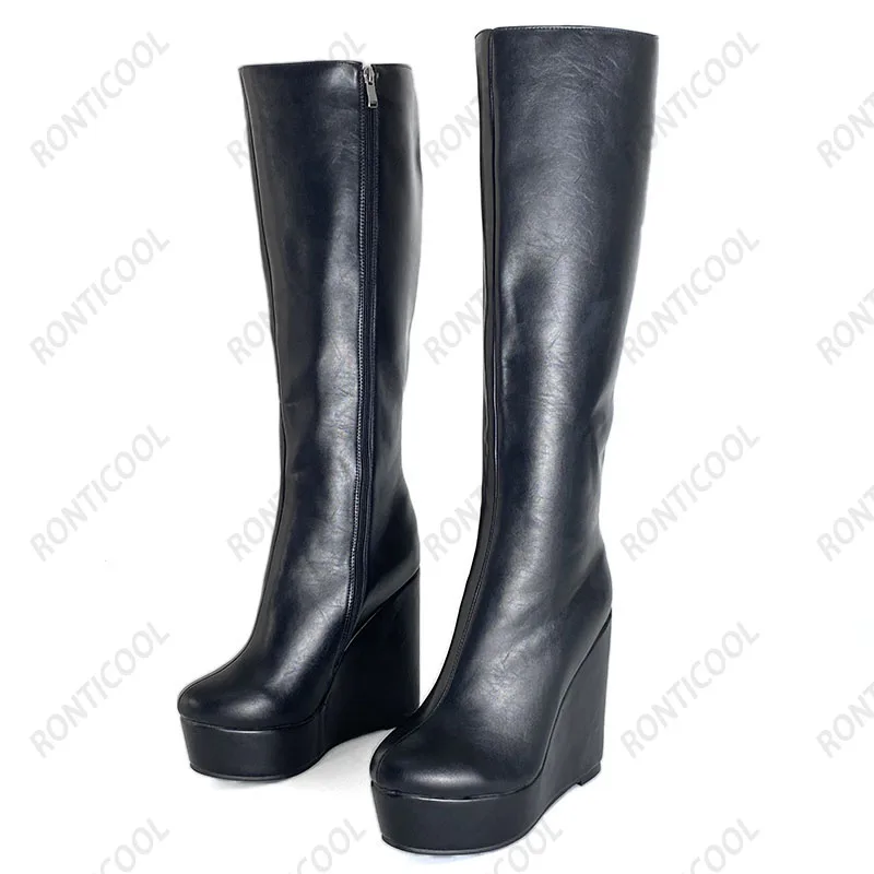 Ronticool New Women Winter Knee Boots Unisex Faux Leather Wedges Heel Round Toe Classic Black Cosplay Shoes Plus US Size 5-20