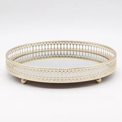 Nordic Light Luxury Style Golden Wrought Iron Glass Mirror Base Tray Living Room Desktop Jewelry Tray Household Storage Tray
