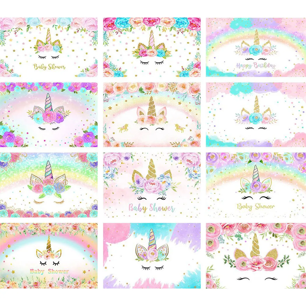 

Mocsicka Unicorn Baby Shower Backdrop for Photography Rainbow Floral Birthday Photo Background Flower Polka Dots Child Photocall