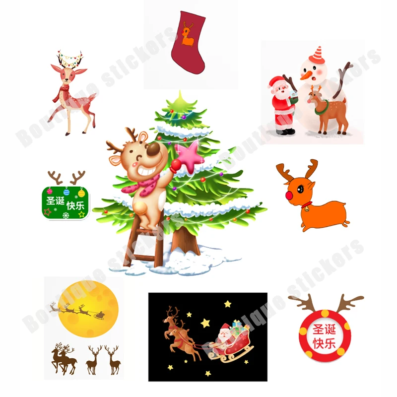 4X Hand-painted Christmas Eve Elk Santa Claus Reindeer Sleigh Cartoon Snowman Snowball Fighting Anime Car Decal Car Decoration