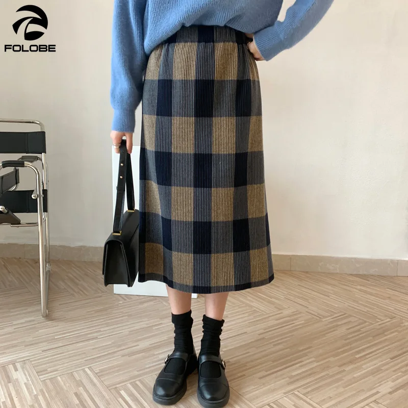 

FOLOBE Retro Vintage Plaid Skirt Women pleated Split High Waist A-line Mid-calf Long Skirt Casual faldas mujer moda 2021 Female