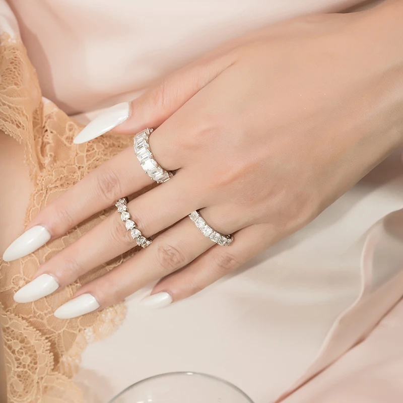 925 Sterling Silver Emerald Cut Eternity Engagement Ring Simulated Diamond Wedding Silver Full Eternity Ring  Jewelry