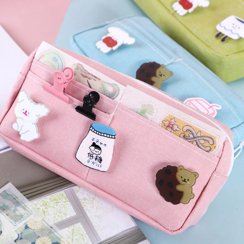 Kawaii Purple Canvas Pencil Case Cute Animal Badge Pink Pencilcases Large School Pencil Bags for Maiden Girl Stationery Supplies