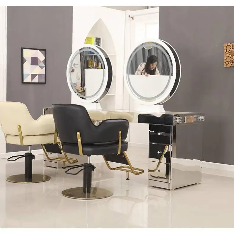 Salon hairdressing shop mirror table stainless steel marble table with touch screen LED light hair dressing mirror