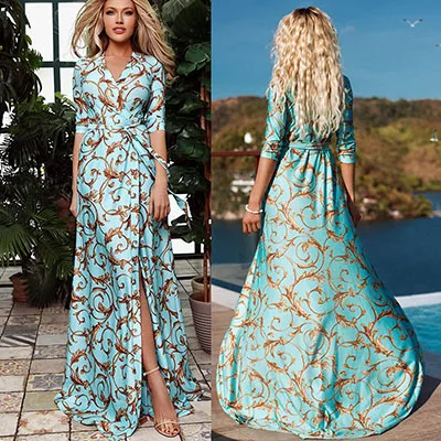 Summer women's dress sexy split V-neck tie print mid-sleeve large swing beach seaside one-piece dress