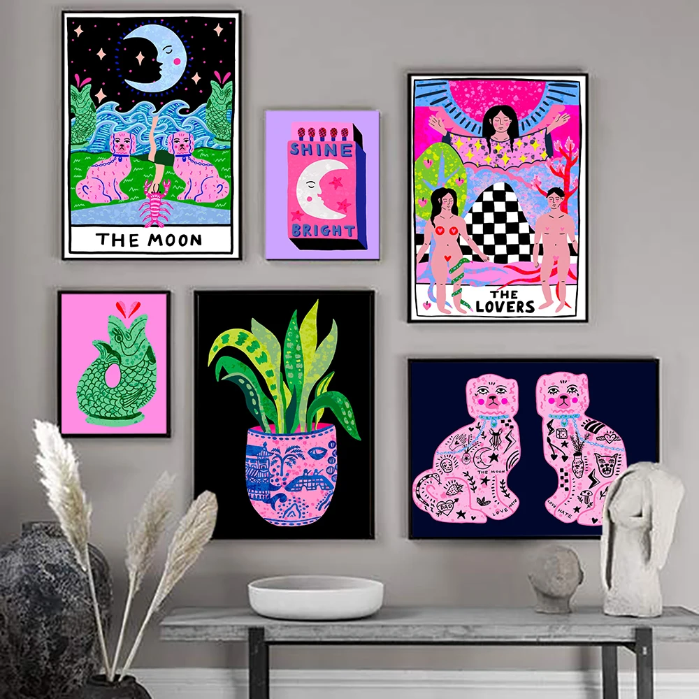 Nordic abstract tarot card lovers wall art picture canvas painting watercolor moon plant poster prints living room home decorati