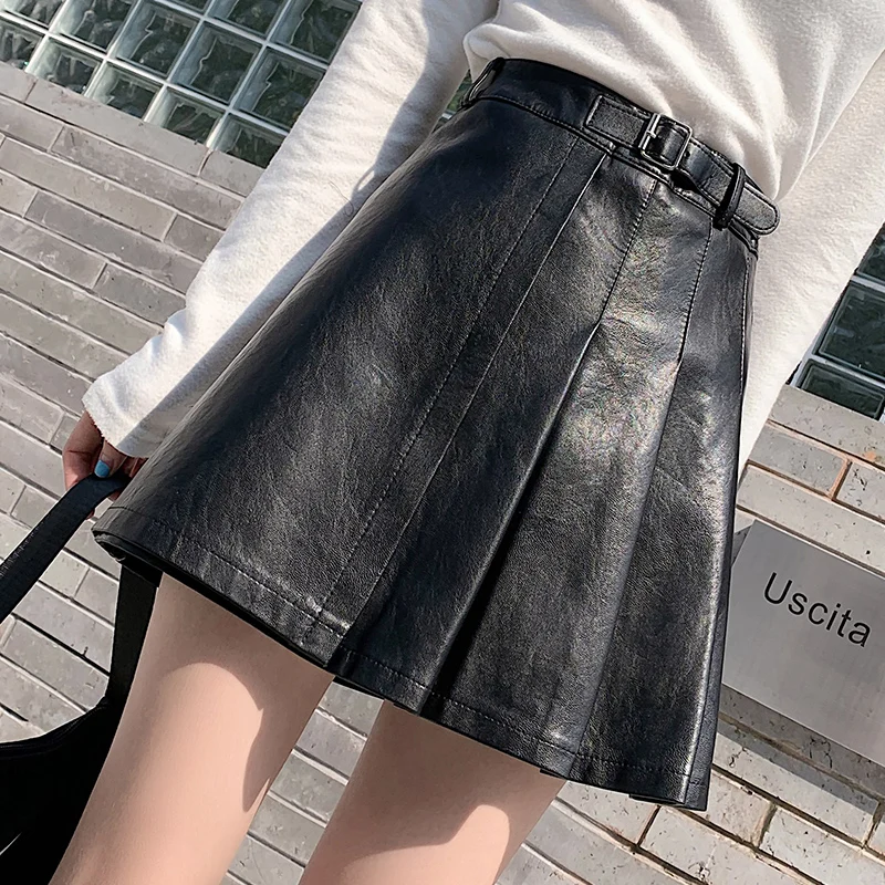 Leather Women's Short Skirts Black Irregular High Waist Pencil Mini Sexy Skirt Women 2021 Winter Autumn New Clothes With Belt